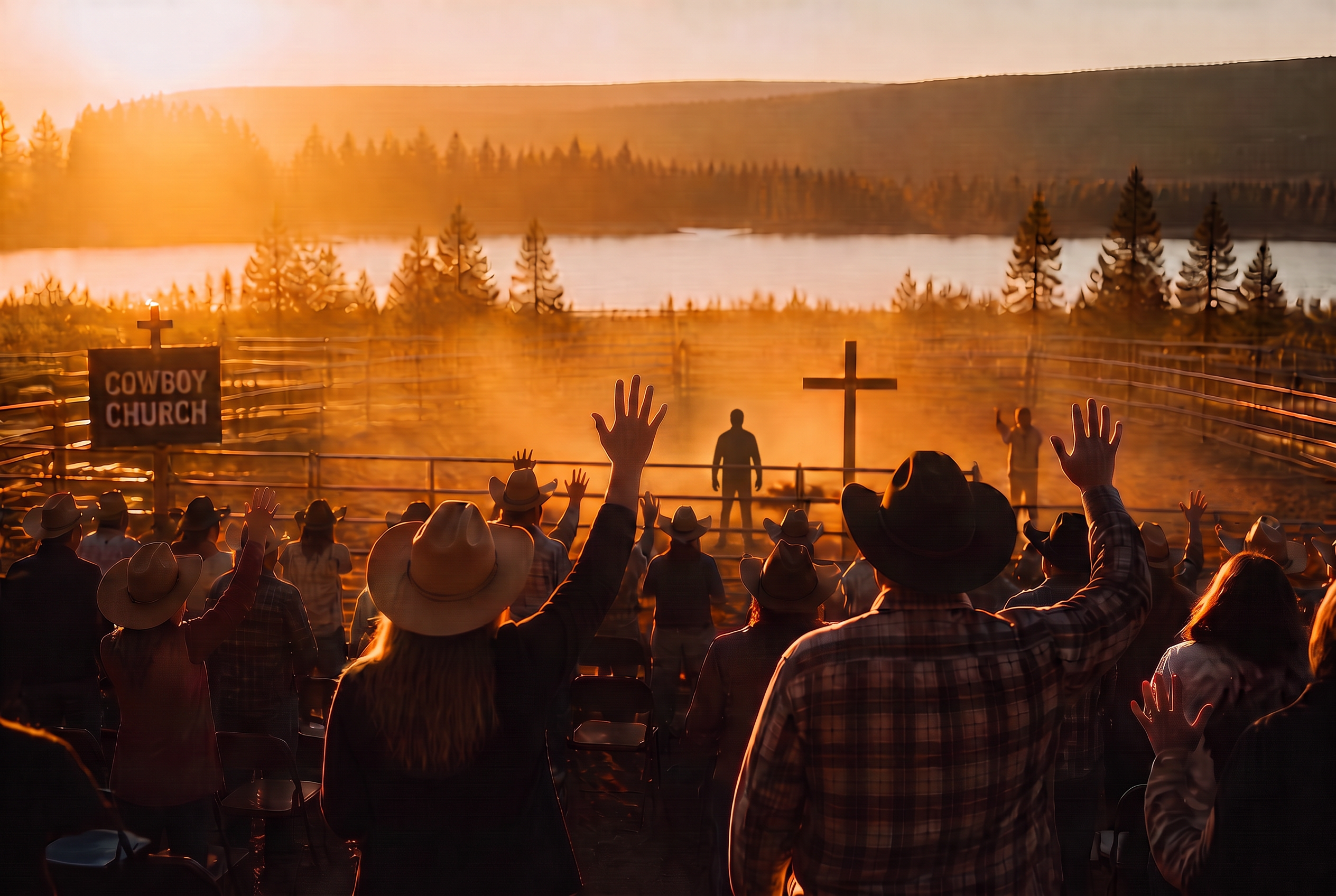 Worshippers in cowboy hats with hands raised in a dusty arena at sunset